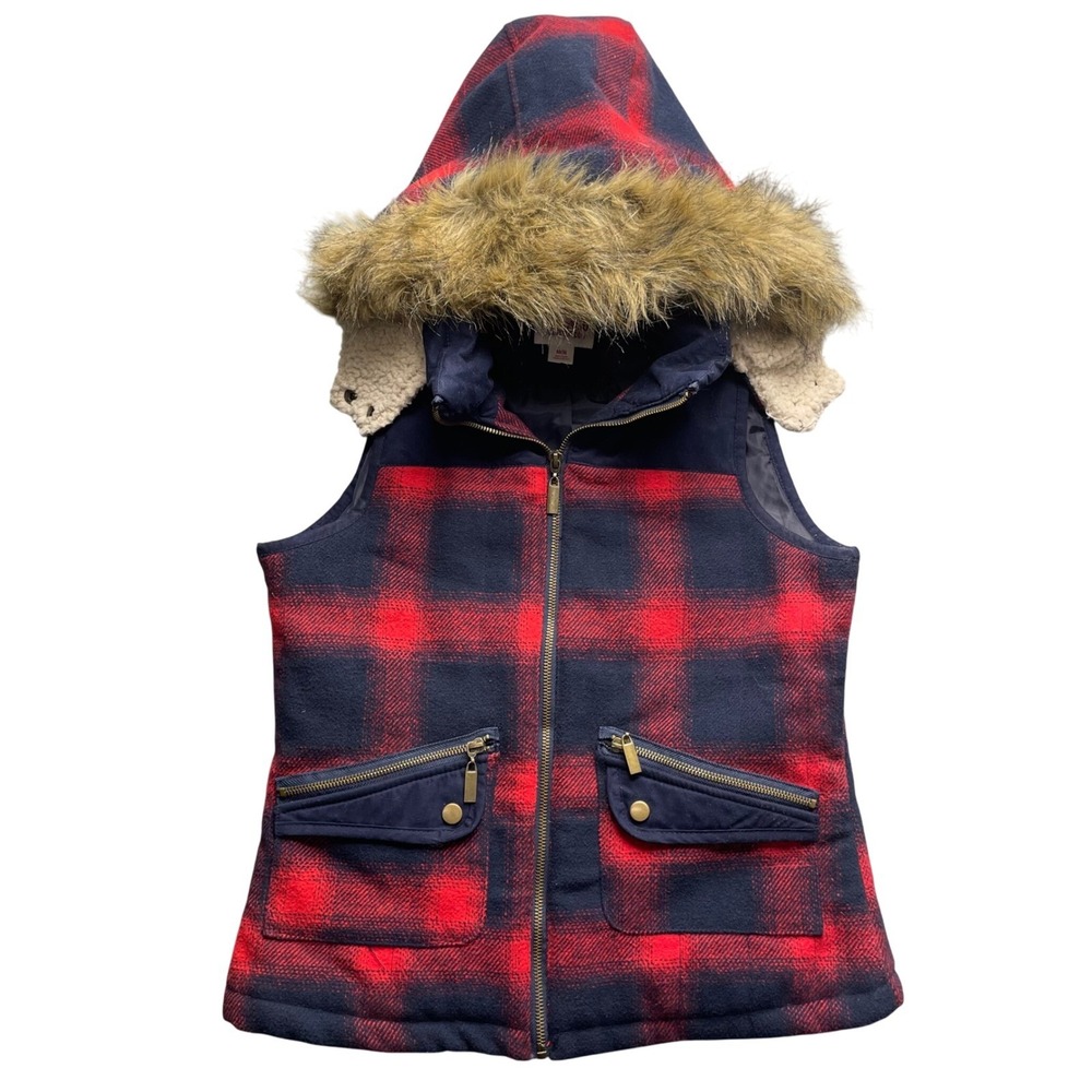 Mossimo Women Vest Red Navy Buffalo Plaid Wool Blend M Faux Fur Hood‎ Outerwear